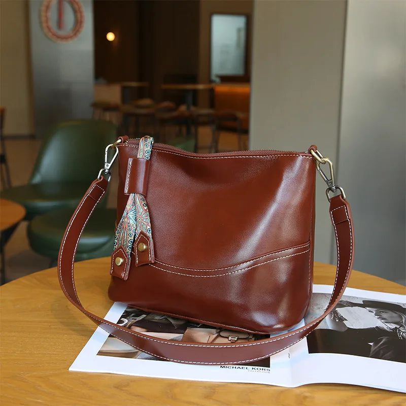 Stylish Genuine Leather Bucket Bag for Women - High-End Versatile Crossbody with Large Capacity