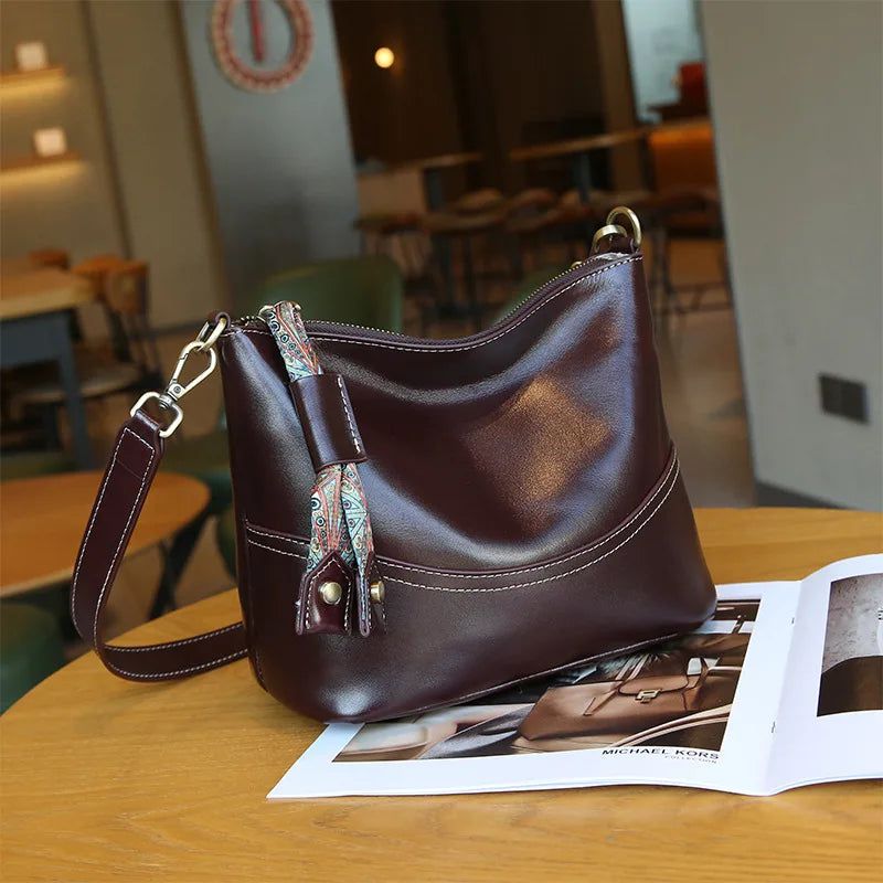 Stylish Genuine Leather Bucket Bag for Women - High-End Versatile Crossbody with Large Capacity