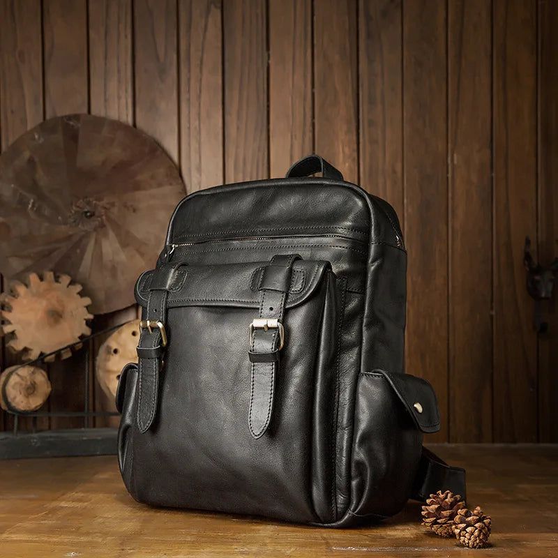 Stylish Genuine Leather Men's Backpack for Travel and School - Large Capacity Laptop Bag