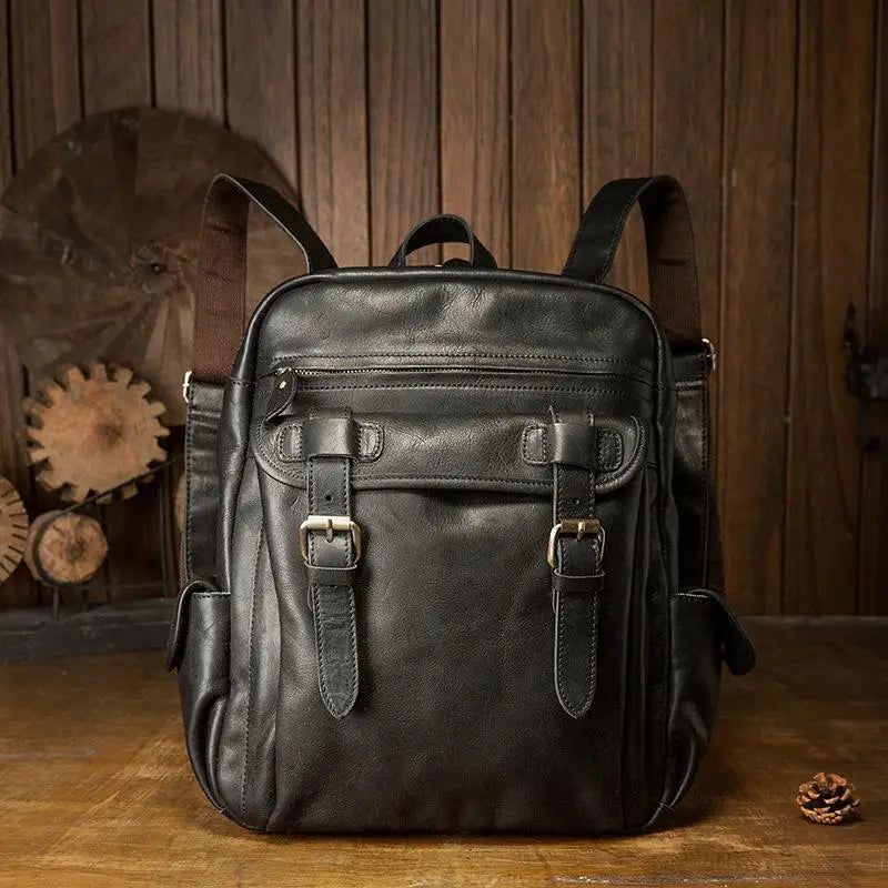 Stylish Genuine Leather Men's Backpack for Travel and School - Large Capacity Laptop Bag