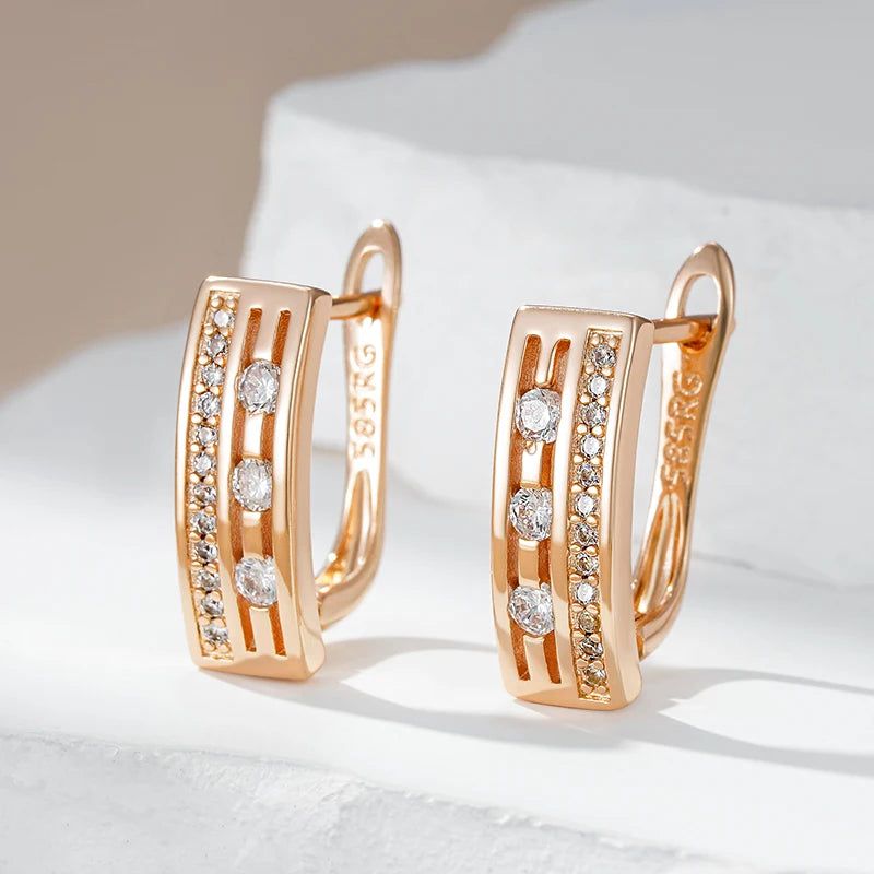 Stylish Geometric 585 Rose Gold Drop Earrings with Natural Zircon – Trendy High-Quality Jewelry