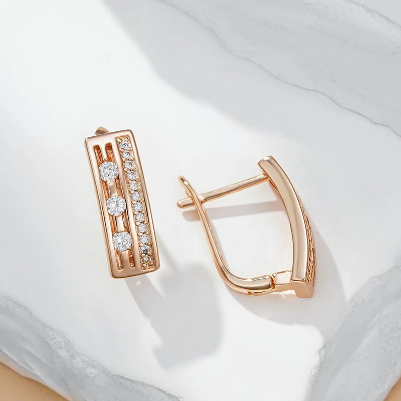 Stylish Geometric 585 Rose Gold Drop Earrings with Natural Zircon – Trendy High-Quality Jewelry