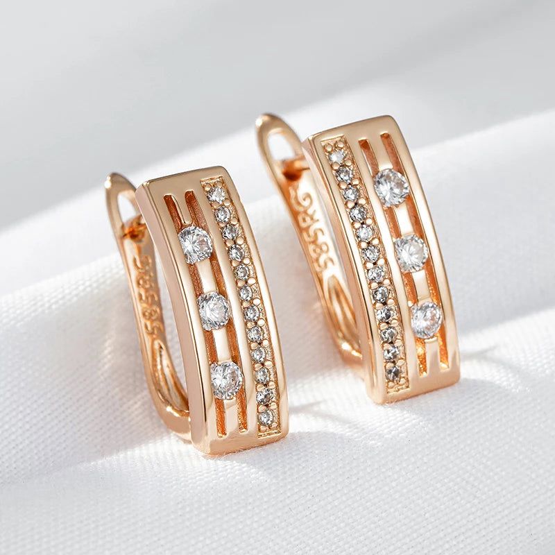 Stylish Geometric 585 Rose Gold Drop Earrings with Natural Zircon – Trendy High-Quality Jewelry