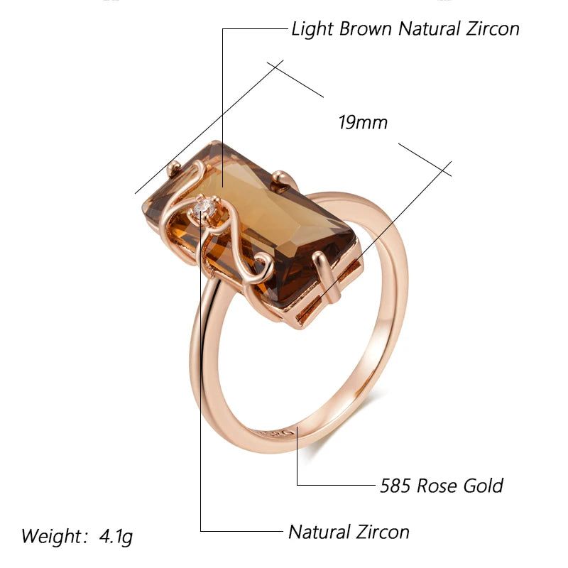 Stylish Geometric 585 Rose Gold Vintage Ring with Light Brown Natural Zircon