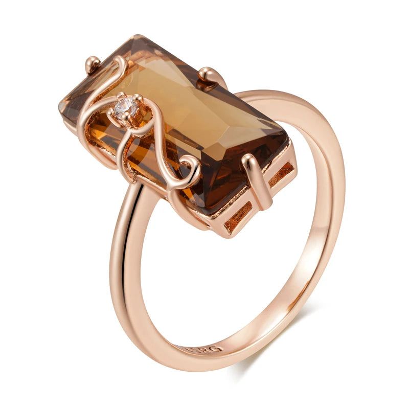 Stylish Geometric 585 Rose Gold Vintage Ring with Light Brown Natural Zircon