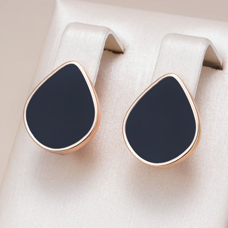 Stylish Geometric Black Stone Dangle Earrings in Rose Gold Finish