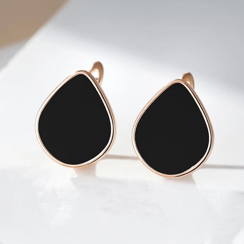 Stylish Geometric Black Stone Dangle Earrings in Rose Gold Finish