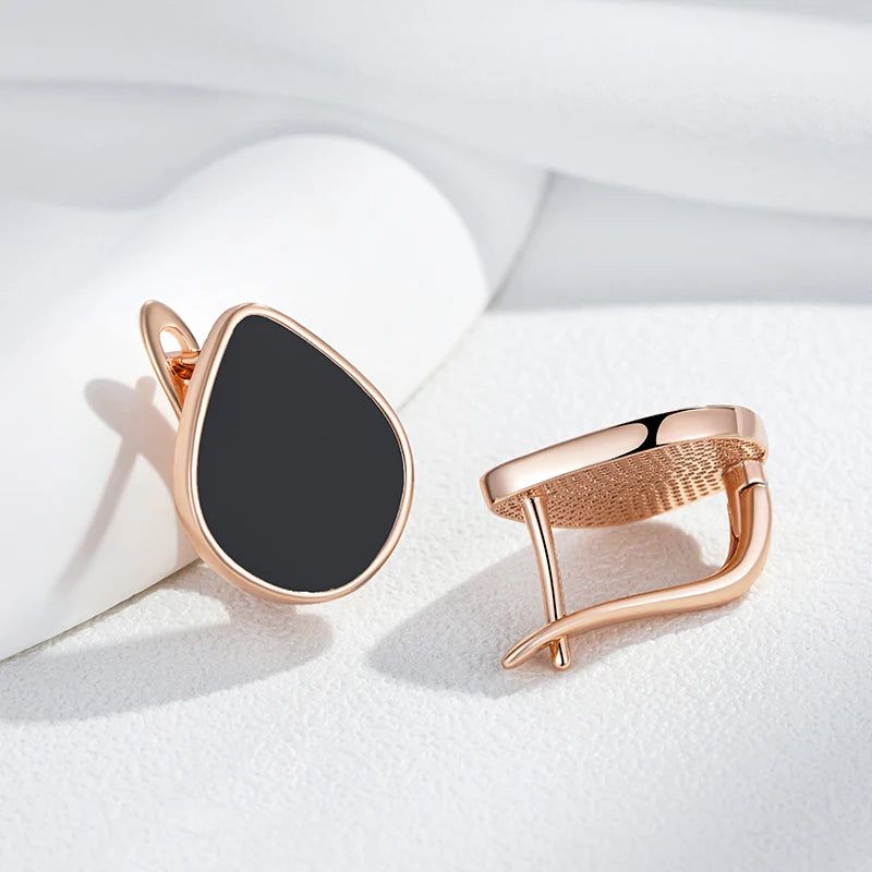 Stylish Geometric Black Stone Dangle Earrings in Rose Gold Finish