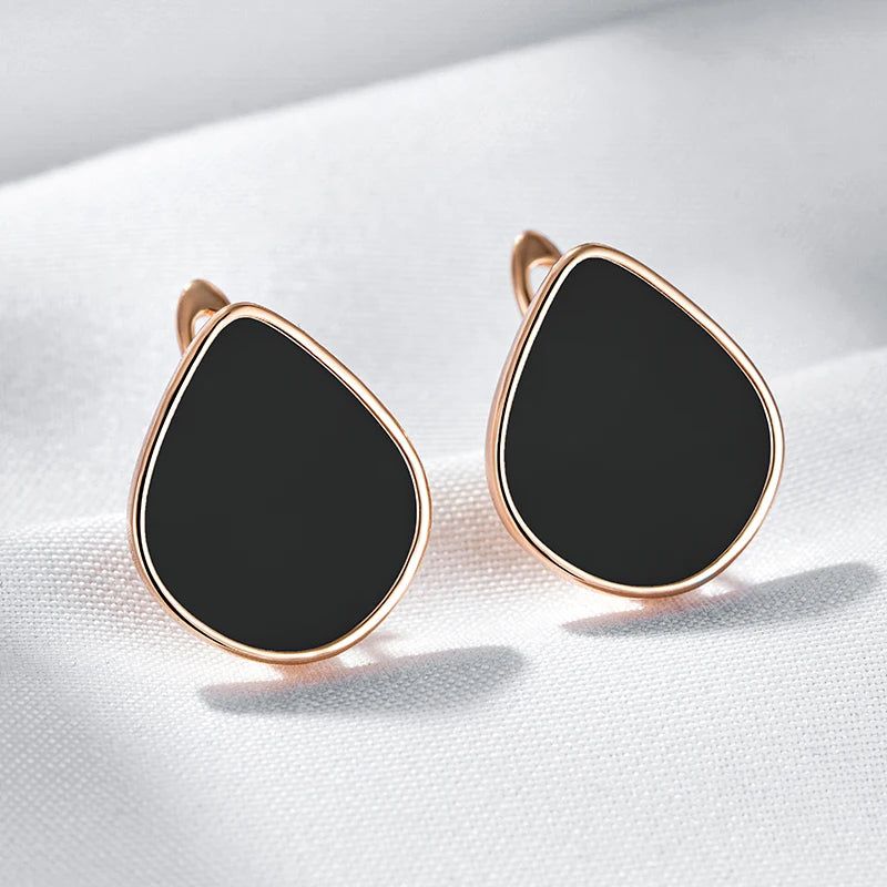 Stylish Geometric Black Stone Dangle Earrings in Rose Gold Finish