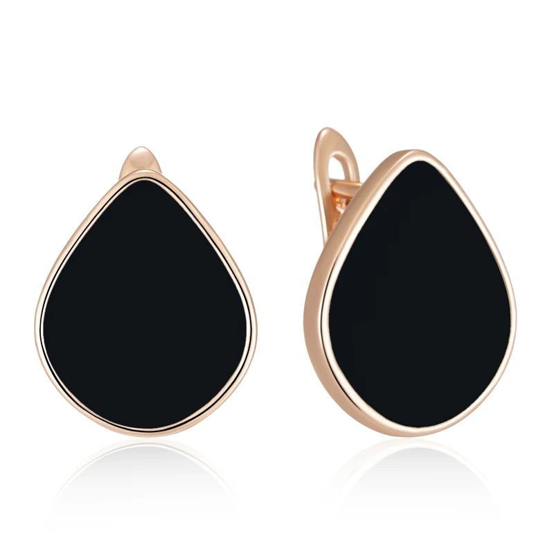 Stylish Geometric Black Stone Dangle Earrings in Rose Gold Finish