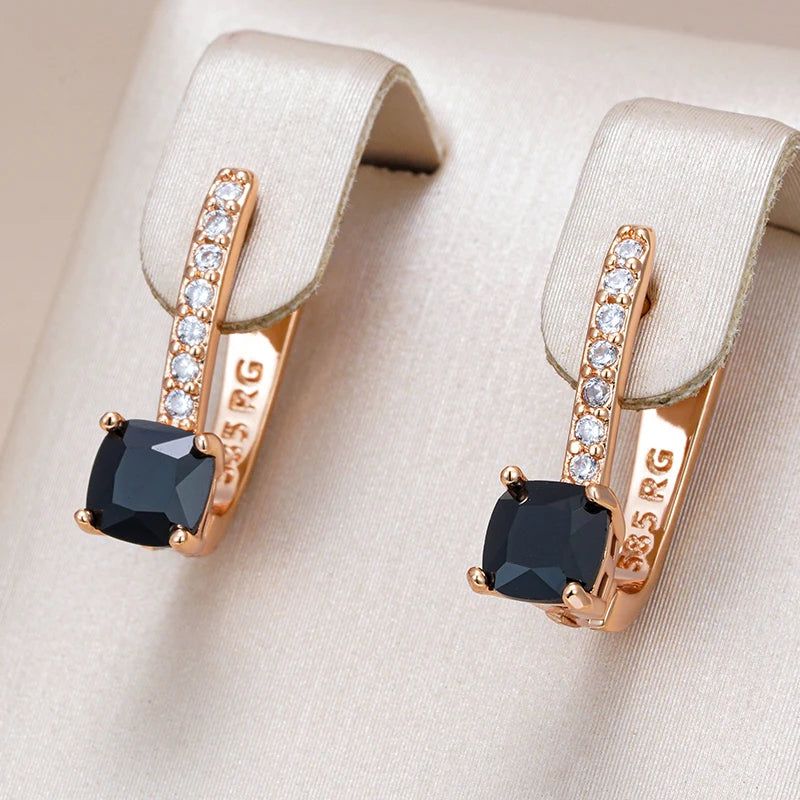 Stylish Geometric Black Zircon Drop Earrings in 585 Rose Gold for Bridal Elegance