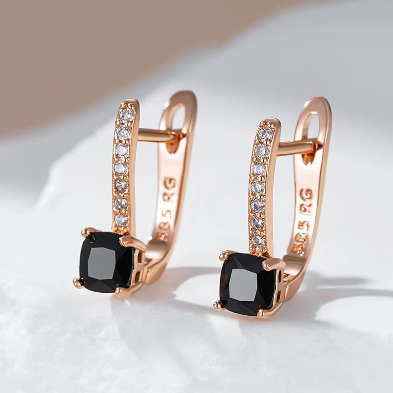 Stylish Geometric Black Zircon Drop Earrings in 585 Rose Gold for Bridal Elegance