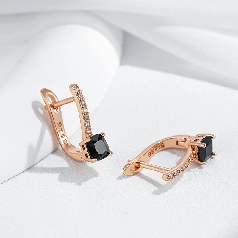 Stylish Geometric Black Zircon Drop Earrings in 585 Rose Gold for Bridal Elegance