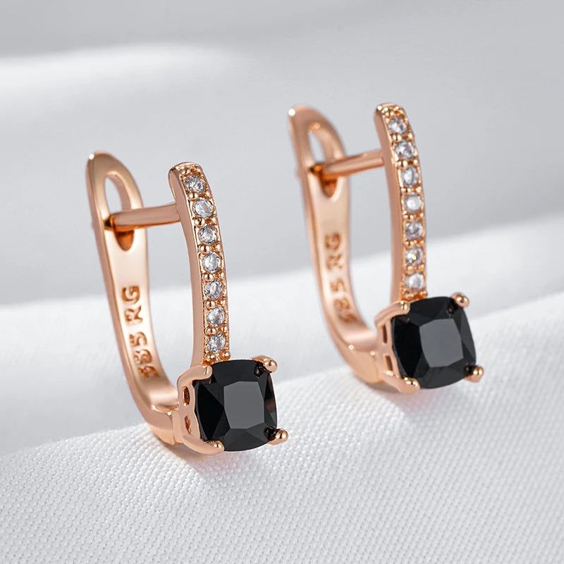 Stylish Geometric Black Zircon Drop Earrings in 585 Rose Gold for Bridal Elegance