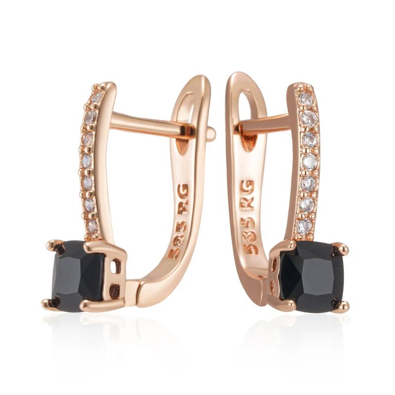 Stylish Geometric Black Zircon Drop Earrings in 585 Rose Gold for Bridal Elegance