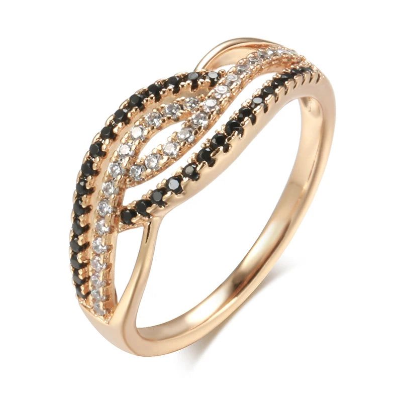 Stylish Geometric Black and White Zircon Ring in 585 Rose Gold Finish