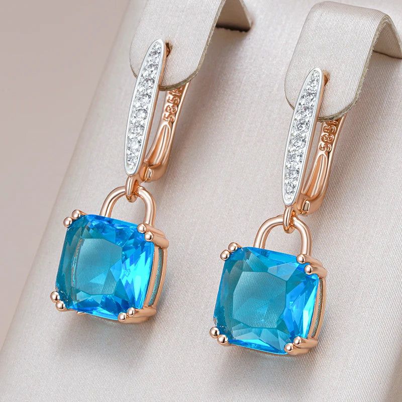 Stylish Geometric Blue Zircon Dangle Earrings in Rose Gold and Silver Mix