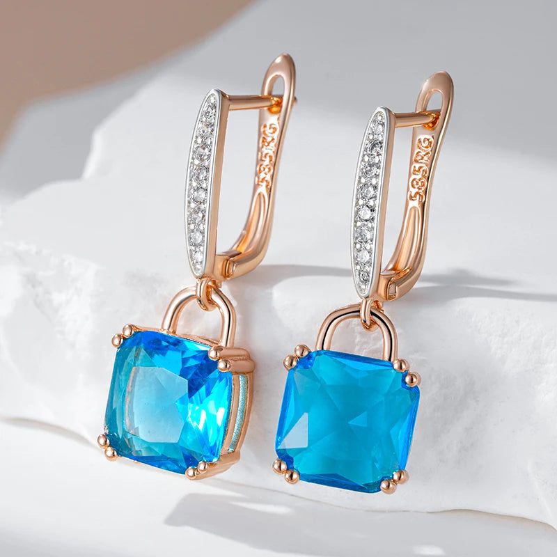 Stylish Geometric Blue Zircon Dangle Earrings in Rose Gold and Silver Mix