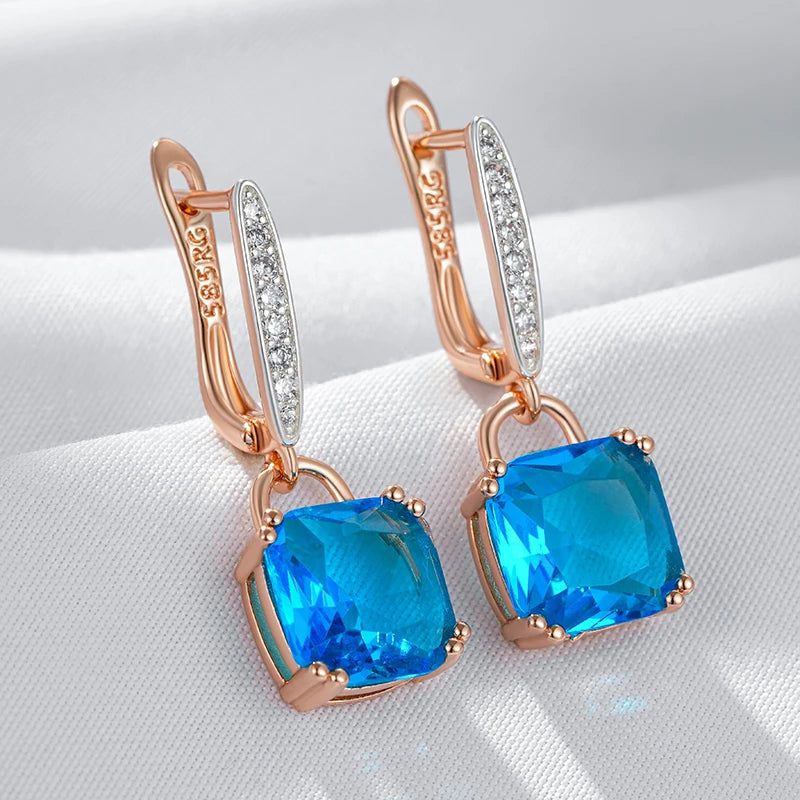 Stylish Geometric Blue Zircon Dangle Earrings in Rose Gold and Silver Mix