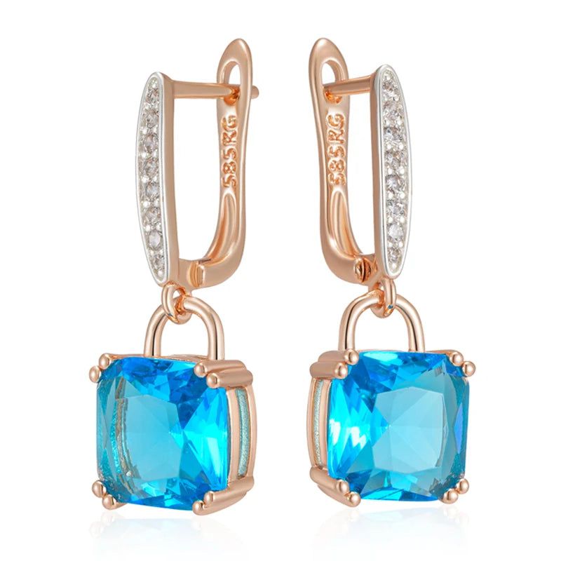 Stylish Geometric Blue Zircon Dangle Earrings in Rose Gold and Silver Mix