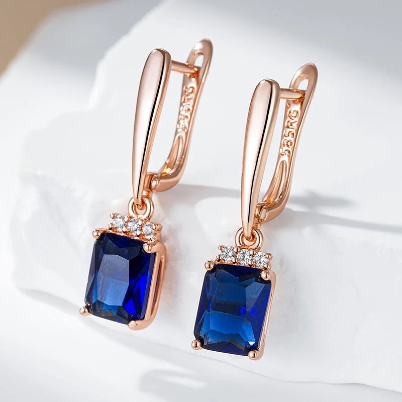 Stylish Geometric Blue Zircon Drop Earrings in Luxurious Rose Gold Finish