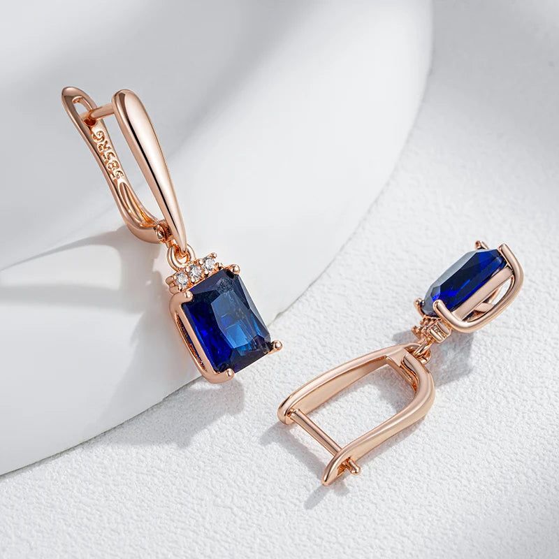 Stylish Geometric Blue Zircon Drop Earrings in Luxurious Rose Gold Finish