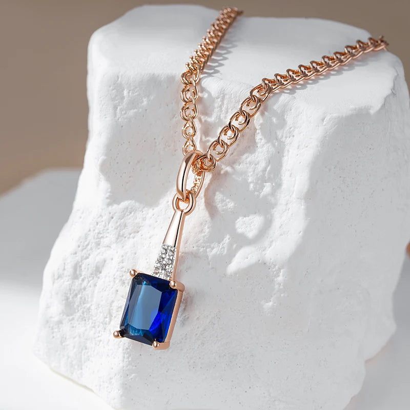 Stylish Geometric Blue Zircon Pendant Necklace in Luxurious Rose Gold Finish