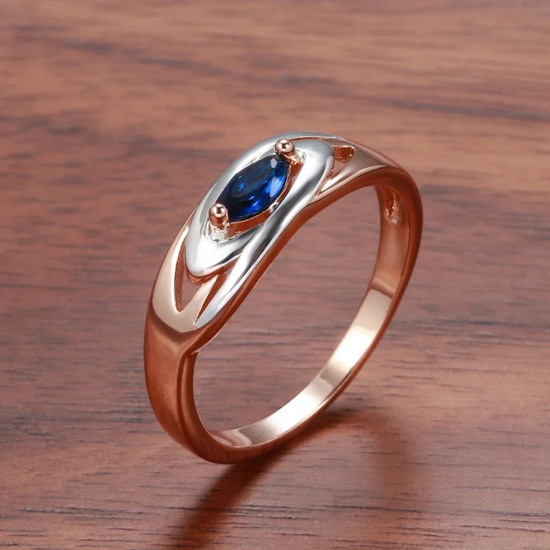 Stylish Geometric Blue Zircon Ring in 585 Rose Gold and White Gold Blend