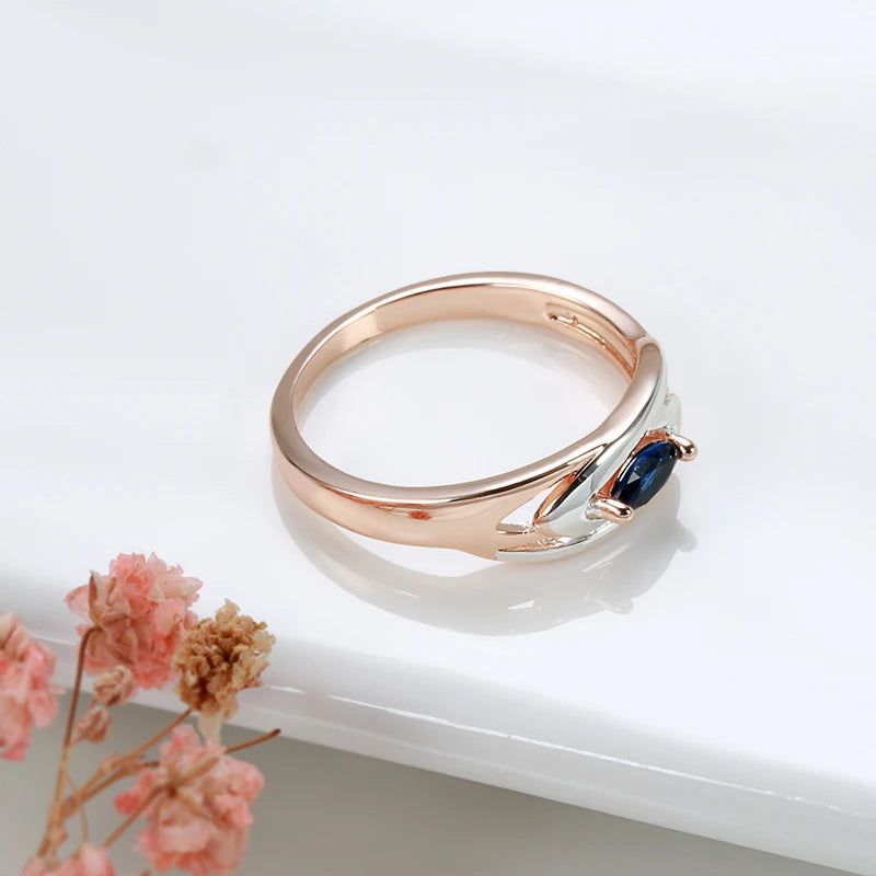 Stylish Geometric Blue Zircon Ring in 585 Rose Gold and White Gold Blend