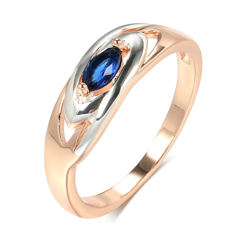 Stylish Geometric Blue Zircon Ring in 585 Rose Gold and White Gold Blend