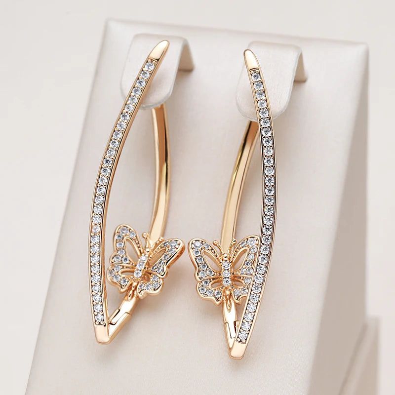 Stylish Geometric Butterfly Drop Earrings in 585 Rose Gold with Natural Zircon Inlay