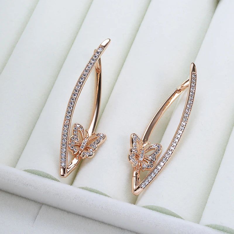 Stylish Geometric Butterfly Drop Earrings in 585 Rose Gold with Natural Zircon Inlay