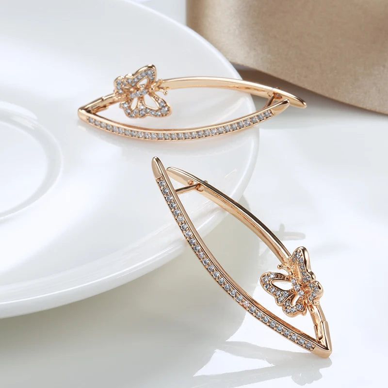 Stylish Geometric Butterfly Drop Earrings in 585 Rose Gold with Natural Zircon Inlay