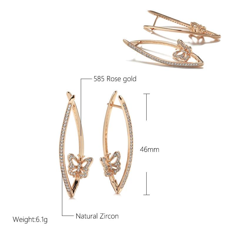 Stylish Geometric Butterfly Drop Earrings in 585 Rose Gold with Natural Zircon Inlay