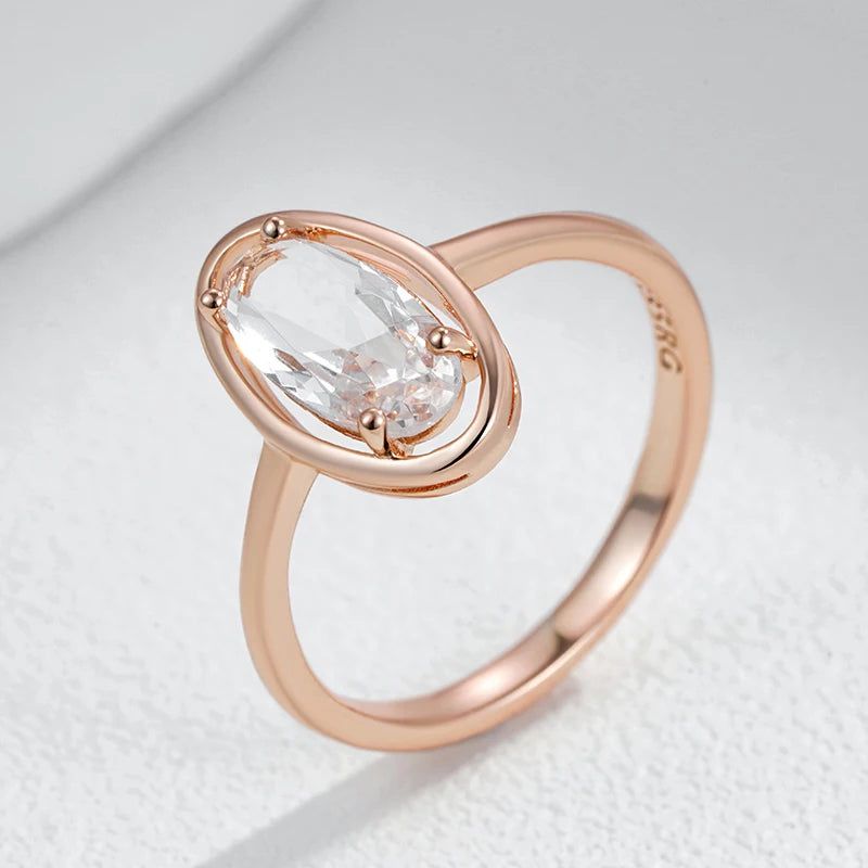 Stylish Geometric Clear Crystal Ring and Earring Set in 585 Rose Gold Plating