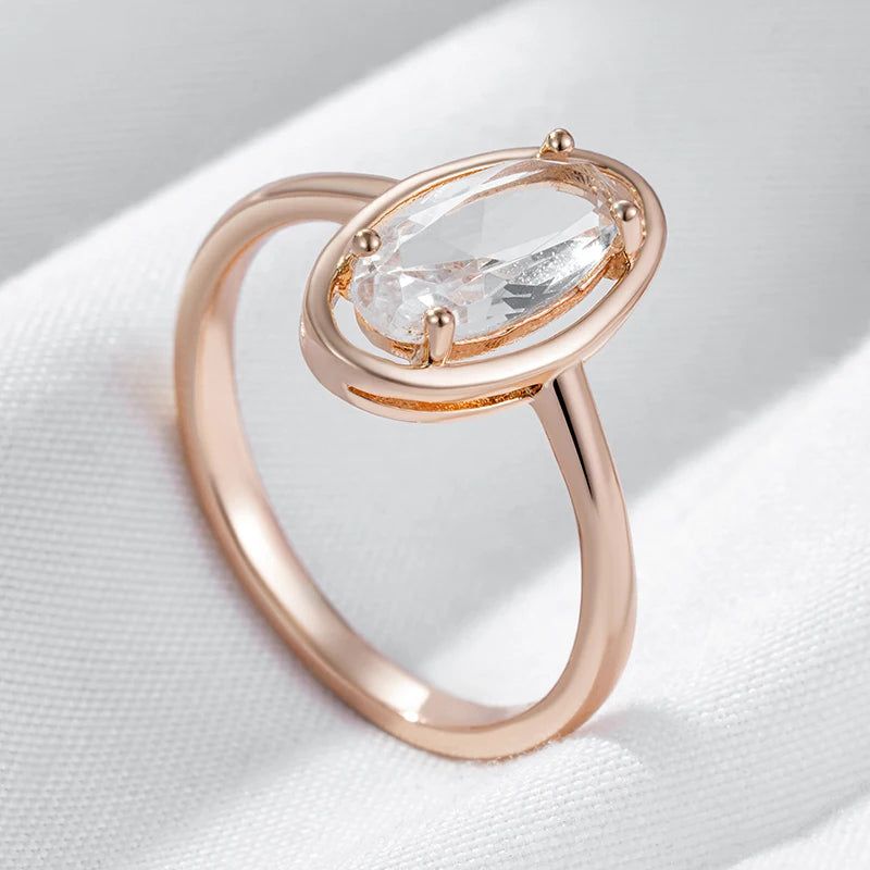 Stylish Geometric Clear Crystal Ring and Earring Set in 585 Rose Gold Plating