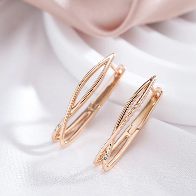 Stylish Geometric Cross Long Drop Earrings in 585 Rose Gold with Natural Zircon