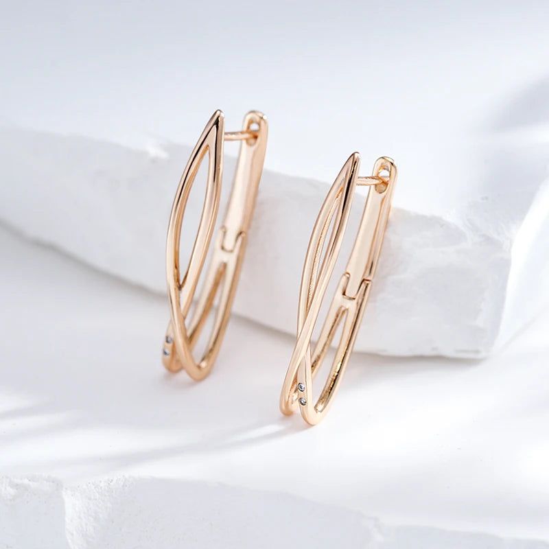 Stylish Geometric Cross Long Drop Earrings in 585 Rose Gold with Natural Zircon