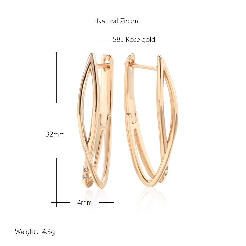 Stylish Geometric Cross Long Drop Earrings in 585 Rose Gold with Natural Zircon