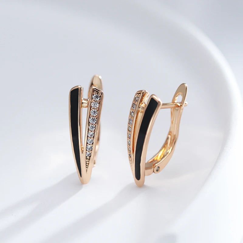 Stylish Geometric Dangle Earrings in 585 Rose Gold with Black Enamel and Natural Zircon