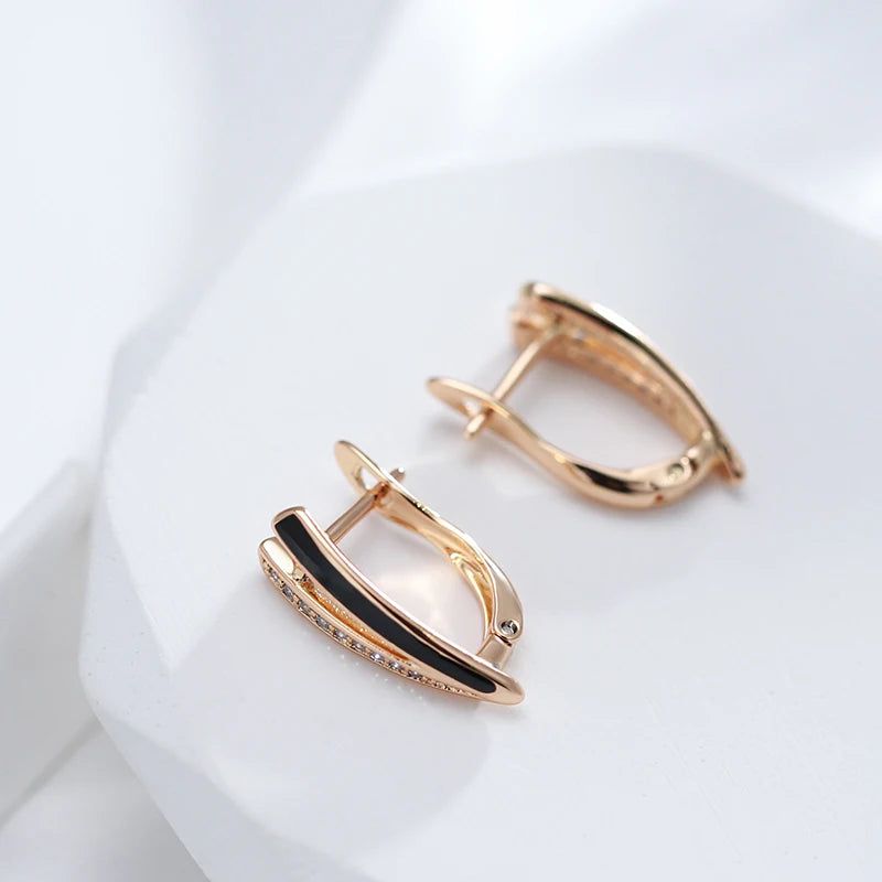 Stylish Geometric Dangle Earrings in 585 Rose Gold with Black Enamel and Natural Zircon