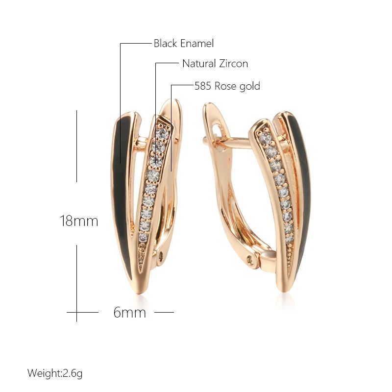 Stylish Geometric Dangle Earrings in 585 Rose Gold with Black Enamel and Natural Zircon