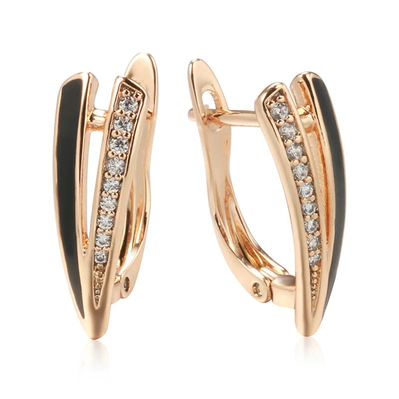 Stylish Geometric Dangle Earrings in 585 Rose Gold with Black Enamel and Natural Zircon