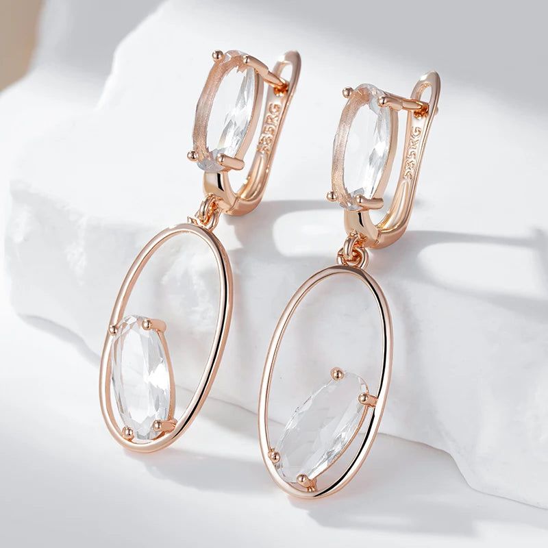 Stylish Geometric Drop Earrings with Hot Clear Crystal in Luxurious Rose Gold Finish