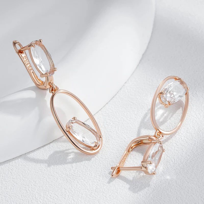 Stylish Geometric Drop Earrings with Hot Clear Crystal in Luxurious Rose Gold Finish