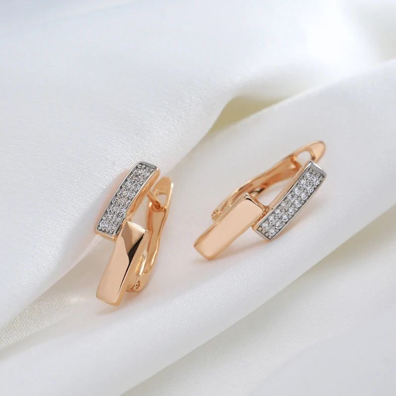 Stylish Geometric Drop Earrings with Natural Zircon and 585 Rose Gold Accents