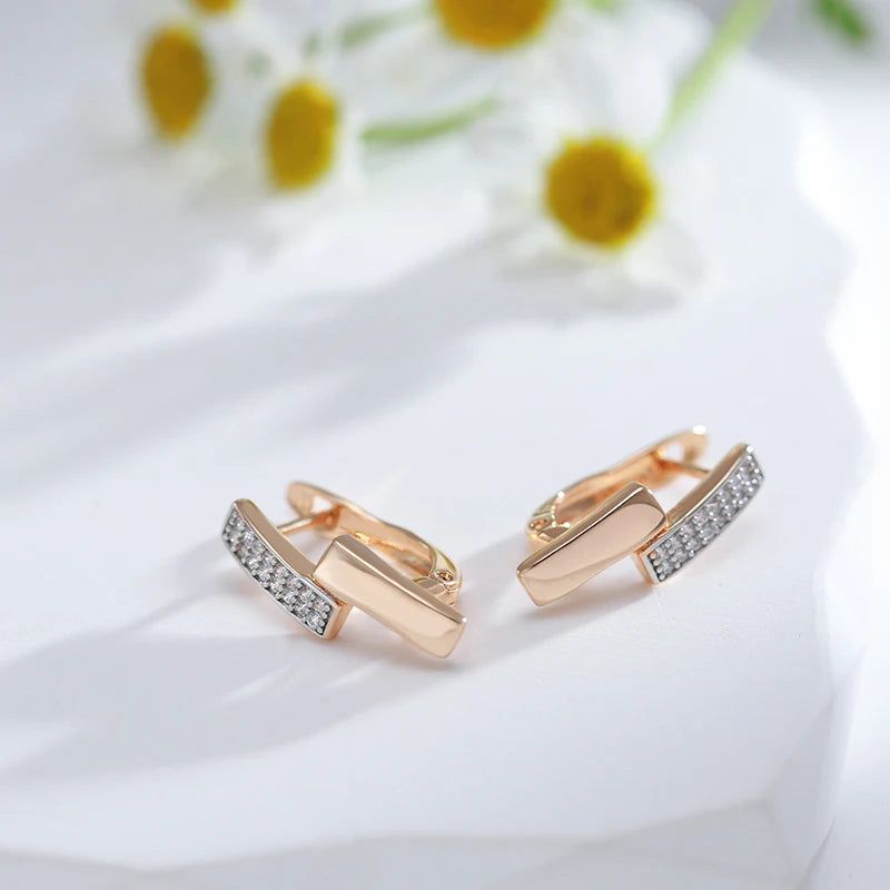 Stylish Geometric Drop Earrings with Natural Zircon and 585 Rose Gold Accents