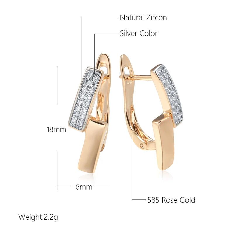 Stylish Geometric Drop Earrings with Natural Zircon and 585 Rose Gold Accents