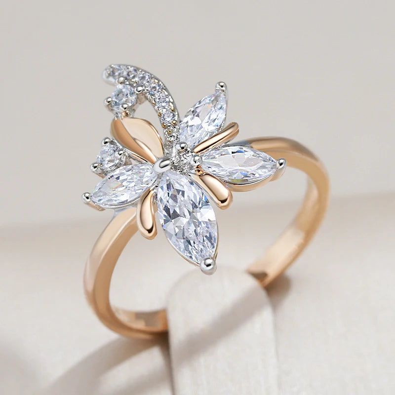 Stylish Geometric Floral Ring in 585 Rose Gold & Silver with Natural Zircon Crystals