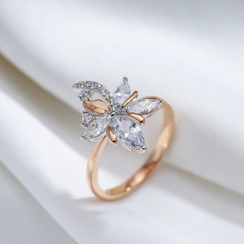 Stylish Geometric Floral Ring in 585 Rose Gold & Silver with Natural Zircon Crystals